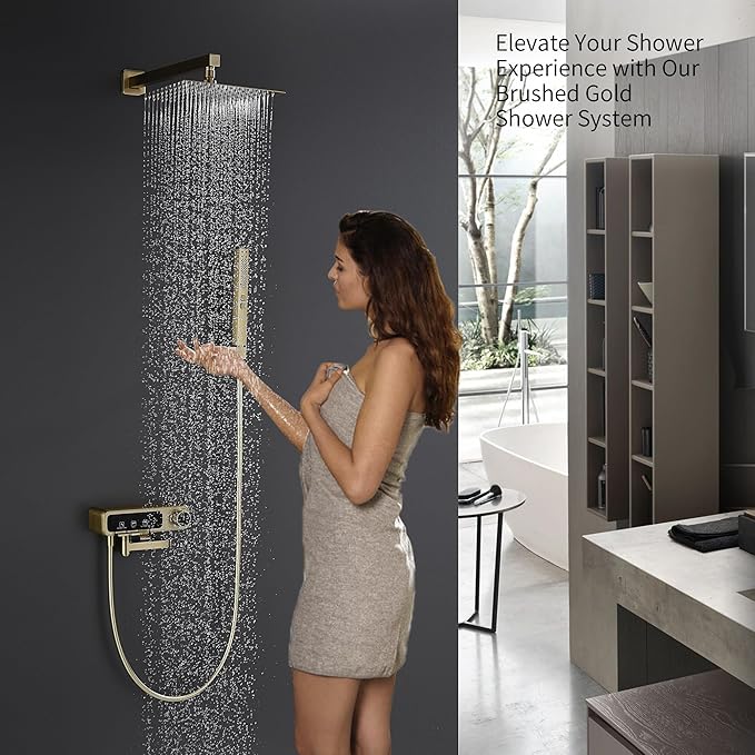 10" Square Rainfall Bathtub and Shower Trim Systems with Rotating Handheld Sprayer, Foldable Tub Spout, Wall-Mounted, Solid Brass Valve with Shampoo Platform- Brushed Gold (Square, Brushed Gold)-PurrikoPets