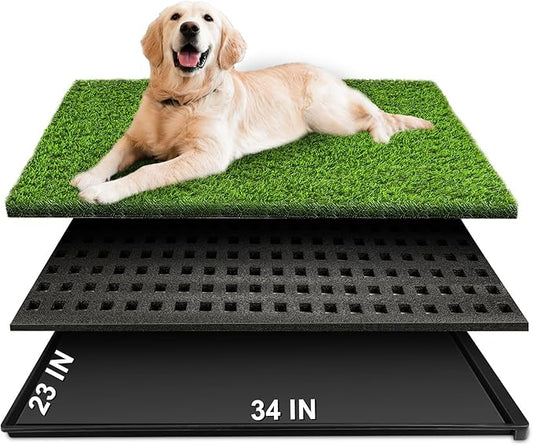 Dog Grass Pad with Tray, 34''X23'' Large Artificial Turf Grass Potty, Reusable Puppy Pee Pads for Dogs, Portable Dog Litter Box for Indoor/Outdoor Potty Training Toilet-PurrikoPets