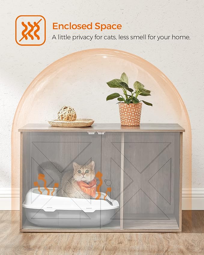 Feandrea Cat Litter Box Enclosure, Litter Box Furniture Hidden with Removable Divider, Indoor Cat House, End Table, 31.5 x 20.9 x 19.7 Inches, Greige UPCL002G01-PurrikoPets