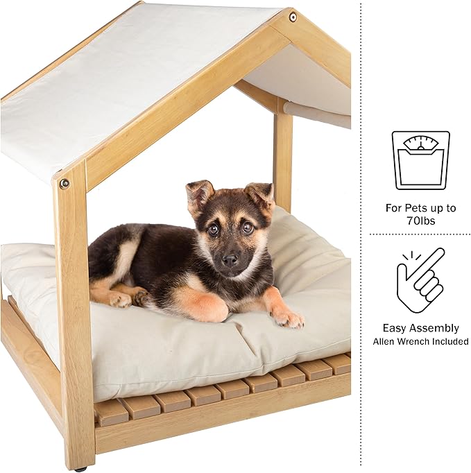 Dog House - 30x24-Inch Indoor Dog House with Soft Cushion and Adjustable Canopy - Wood Dog Furniture for Small to Medium Pets up to 70lbs by PETMAKER-PurrikoPets