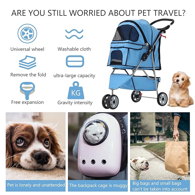 Dog Stroller,3 Wheels Travel Folding Pet Stroller for Small Medium Dog Cat Jogger Stroller with Storage Basket Removable Liner Blue-PurrikoPets