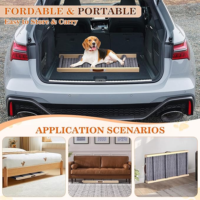 Dog Ramp for Car, 71''x 17'' Extra Long Deluxe Telescoping Design Wooden Pet Ramp, Pet Stair Ramps for Truck SUV with Non-Slip Surface, Portable Outdoor Dog Steps for Medium Large Dogs, Up to 250LBS-PurrikoPets