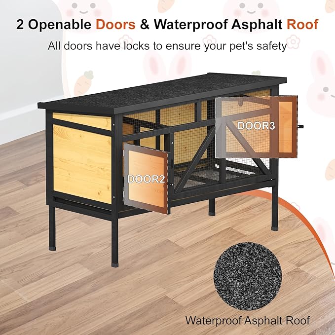 46.7" Rabbit Cage Elevated Bunny Cage Indoor, Outdoor Rabbit Hutch Hamster Cages for Small Animals, Wooden Guinea Pig Cages with Removable Tray & Waterproof Asphalt Roof & Bottom Wire Mesh-PurrikoPets