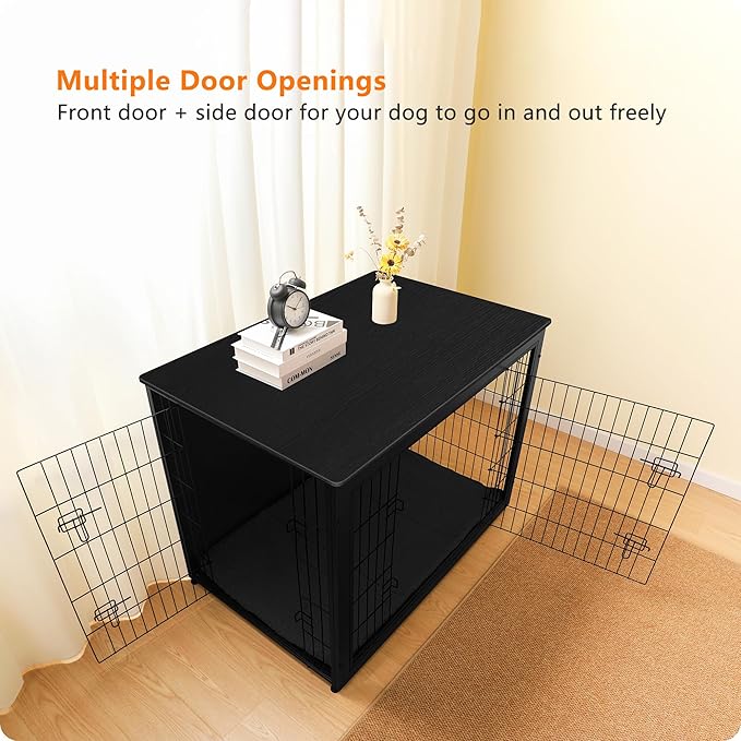DWANTON Dog Crate Furniture with Cushion, Wooden Kennel Table with Double Doors, Indoor Dog House, Extra Large Size, 43.3" L, Black-PurrikoPets
