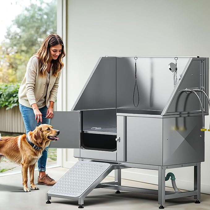 DWVO Professional Pet Dog Bathing Station for Grooming, 50'' Dog Grooming Bathtub with Left Ramp, Floor Grate, Faucet, Showerhead & Soap Holder for Large, Medium & Small Pets-PurrikoPets