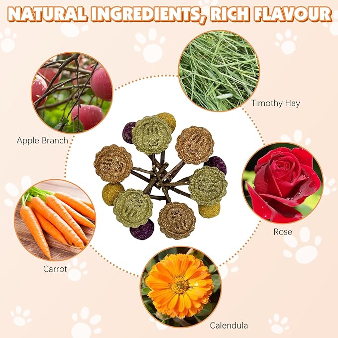 Fhiny Rabbit Chew Toys, 15 PCS Natural Bunny Lollipop Chew Sticks Handmade Guinea Pig Molar Treats for Teeth Small Animals Snacks for Guinea Pig Bunny Chinchilla Hamster Gerbil Teeth Care-PurrikoPets