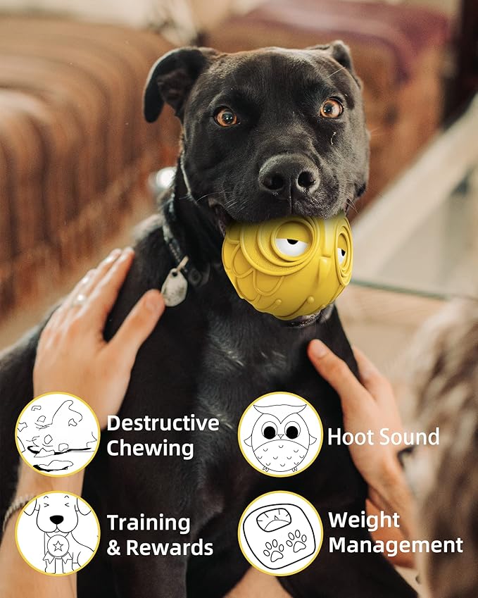 Giggle Ball for Dogs Owl Toys for Puppy Interactive Dog Toy Medium Large Dogs Natural Rubber Cute Hoot Fun Gift for Dog (Yellow Owl)-PurrikoPets
