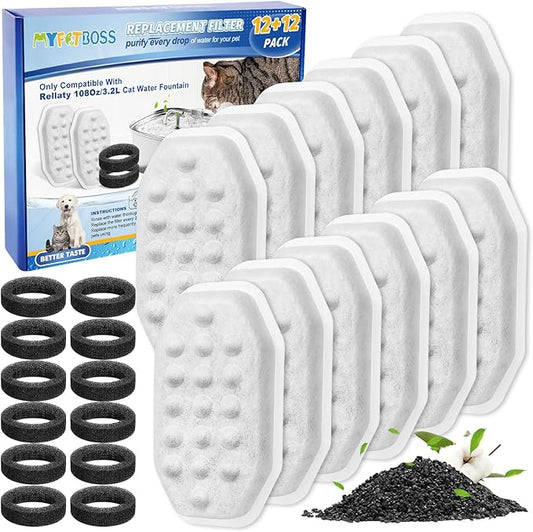 24 Pack Stainless Steel Cat Fountain Filters Compatible with Rellaty & Fit for Neareal Cat Fountain 108oz/3.2L, Replacement for Automatic Pet Fountain Dog Water Dispenser-PurrikoPets