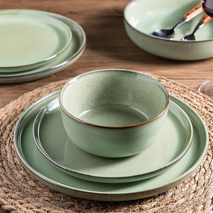 GBHOME Ceramic Dinnerware Sets for 8, 24 Pieces Stoneware Plates and Bowls Sets, Scratch Resistant Dishes, Dishwasher & Microwave Safe-Pastel Green-PurrikoPets