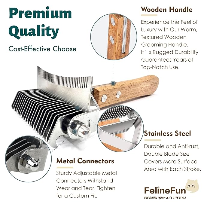 FelineFun Cat Brush for Dematting & Deshedding, 2 in 1 Undercoat Rake, Efficiently Remove Loose Hair & Matted Fur, Professional Shedding Comb for Indoor Cats & Long Haired Cats-PurrikoPets