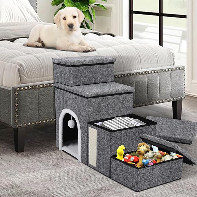 Dog Stairs for Bed and Couch 23“H, Foldable Dog Stairs for Small Older Dogs, 4 in 1 Adjustable Pet Cat Steps Ramps with Storage, Condo, Cat Scratcher, Hold Up to 180LBS, 4 Steps-PurrikoPets
