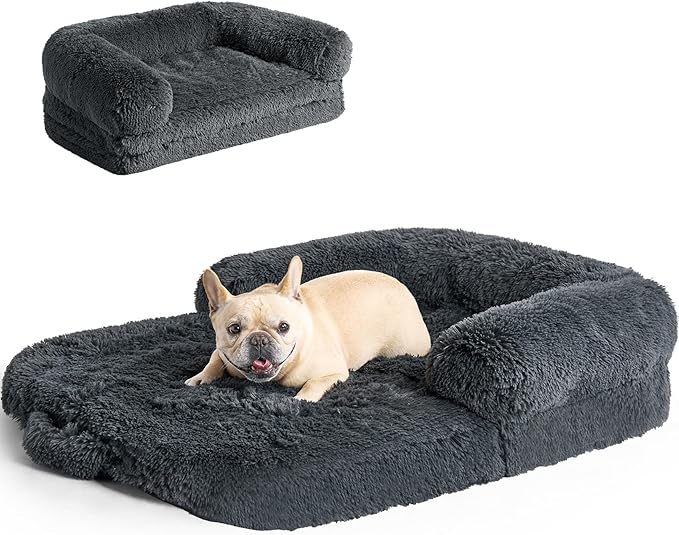 EHEYCIGA Foldable L Dog Bed, Faux Fur Fluffy Dog Couch Bed, Orthopedic Calming Memory Foam L Pet Bed for Large Dogs, Washable Soft Warm Pet Sofa Bed with Non-Slip Bottom, Dark Grey, 40"x30"x6"-PurrikoPets