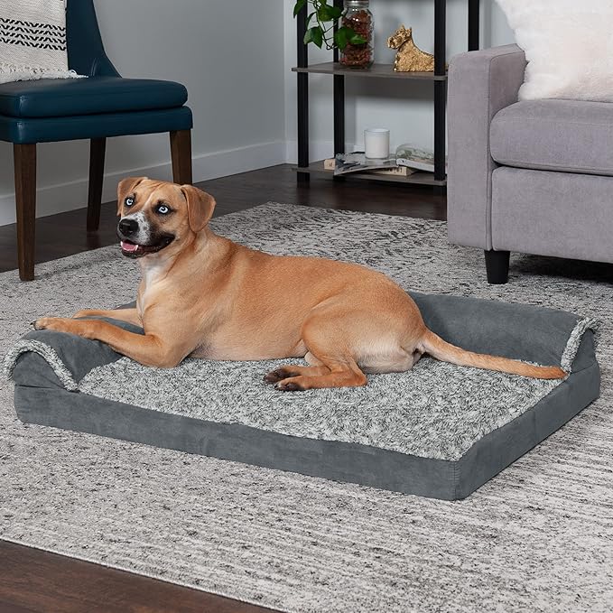 Furhaven Cooling Gel Dog Bed for Large/Medium Dogs w/ Removable Bolsters & Washable Cover, For Dogs Up to 55 lbs - Two-Tone Plush Faux Fur & Suede L Shaped Chaise - Stone Gray, Large-PurrikoPets