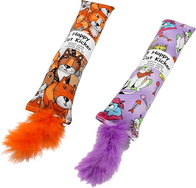 2 Pack Natural Interactive Catnip Cat Kicker with Feathers, Bite Resistant Chew Toy, Crinkle Kicker, Accessories for Indoor Cat-PurrikoPets
