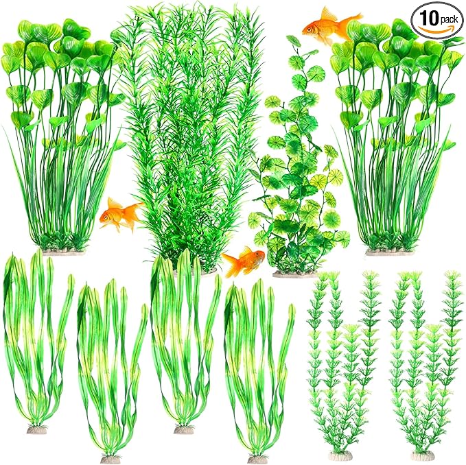 10 Pcs Large Aquarium Artificial Plants Decorations, Tall Plastic Fish Tank Plant Decorations for Household and Office Aquarium (Green)-PurrikoPets