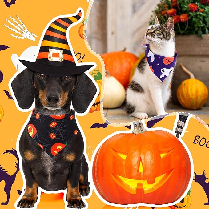 Abbylike 50 Pcs Halloween Dog Bandanas Bulk Pumpkin Bandanas for Dogs Triangle Kerchief Bibs Scarf Set for Pet Halloween Costume Photo Props Accessories Pet Shops, 25 Styles (25.6 x 17.7 x 17.7")-PurrikoPets