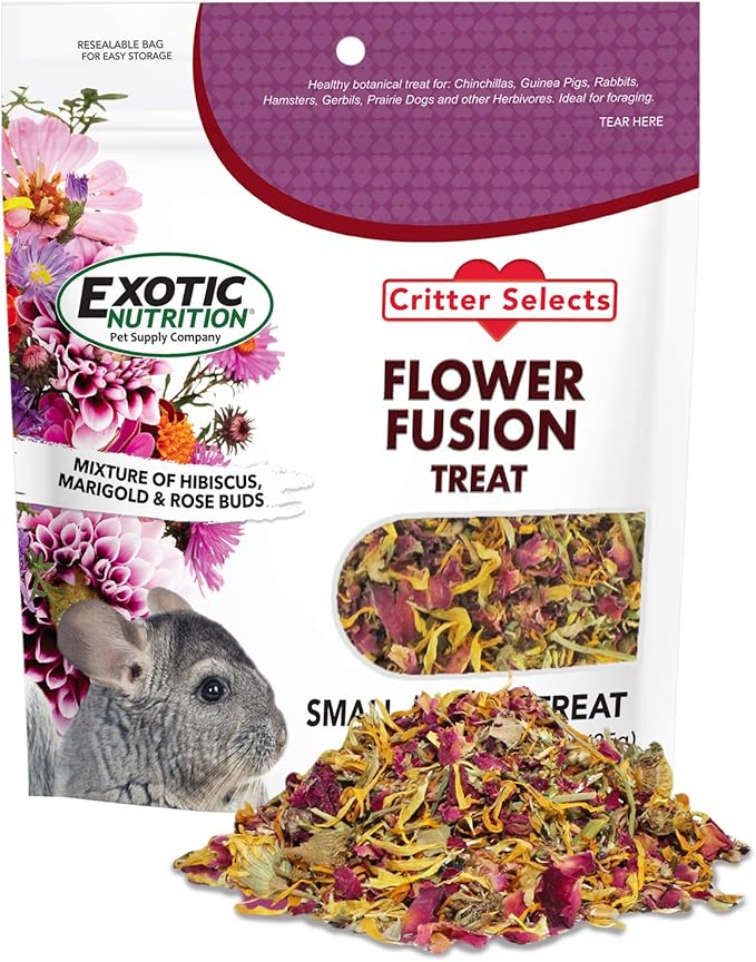 Flower Fusion Treat - Healthy Natural Dried Flower Herbivore Treat - Chinchillas, Guinea Pigs, Rabbits, Prairie Dogs, Degus, Hamsters, Rats, Squirrels, Sugar Gliders & Other Small Pets (0.85 oz)-PurrikoPets
