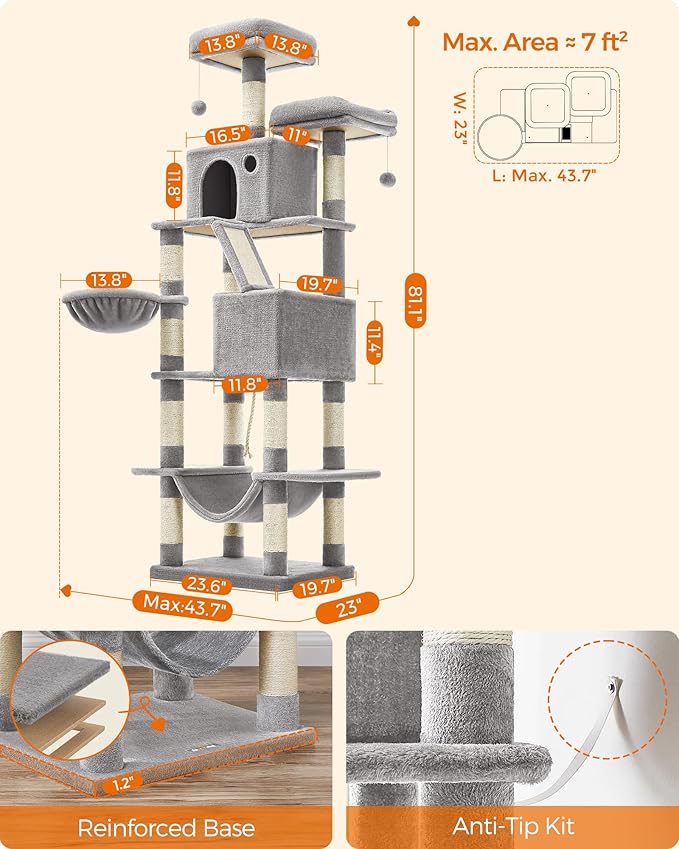 Feandrea Cat Tree, 81.1-Inch Large Cat Tower with 13 Scratching Posts, 2 Perches, 2 Caves, Basket, Hammock, Pompoms, Multi-Level Plush Cat Condo for Indoor Cats, Light Gray UPCT190W01-PurrikoPets
