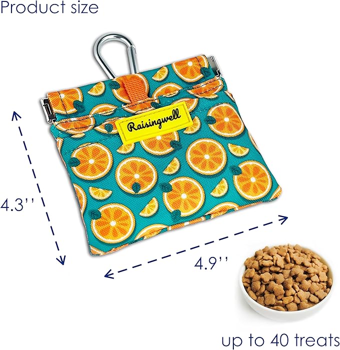 Dog Treat Pouch,Cotton Pocket Sized Training Holder, Hand Free Walking Funny Bag with Carabiner, Self-Closing Pet Feed Snack Reward, Behavior Aids for Puppy Travel or Outdoor Use（Fruit Orange）-PurrikoPets