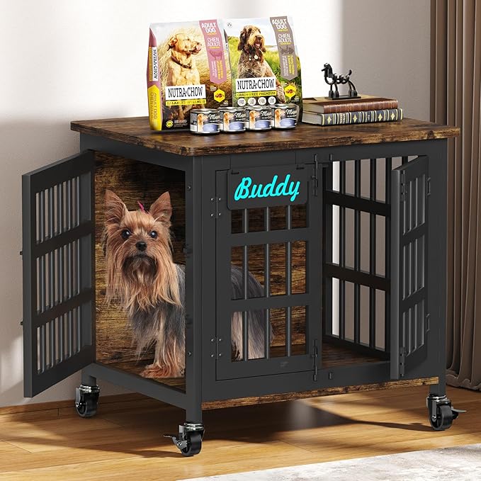 EasyCom Heavy Duty Dog Kennel Indoor with Name Tag, 27" Dog Crate Furniture for Small Dogs, Double-Doors Sturdy Metal Dog Cage for Anxiety Dog-PurrikoPets