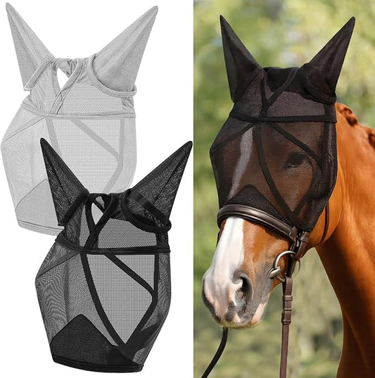 2 Pcs Horse Fly Mask with Ears Adjustable UV Protection Horse Fly Mask Accessories Large Eye Space with Ears for Horses Summer, Black and Gray, L-PurrikoPets