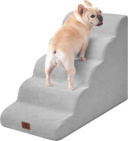 EHEYCIGA Curved Dog Stairs Ramp for High Beds, 5-Step Extra Wide Dog Steps for Small Dogs and Cats, Pet Stairs for High Bed Climbing, Non-Slip Balanced Pet Step Indoor, Light Grey-PurrikoPets