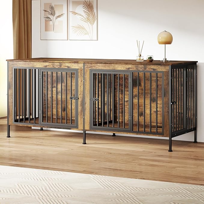 78 Inch Dog Cage Furniture for 2 Large/Medium Dogs with Removable Divider, Extra Large Double Doors Dog Kennel, XXL Thick Wooden Dog cage Furniture, Durable and Sturdy, Brown-PurrikoPets