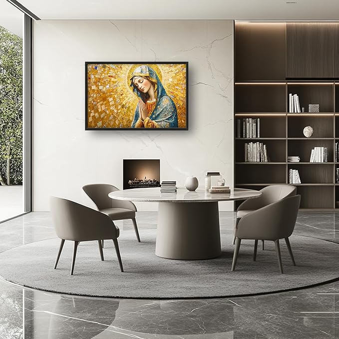 Extra Large Virgin Mary Framed Wall Art for Living Room,Oversized Golden Christian Religious Pictures Wall Decor,Canvas Print Painting Modern Artwork Bedroom Office Bathroom 36L" x 24W"-PurrikoPets