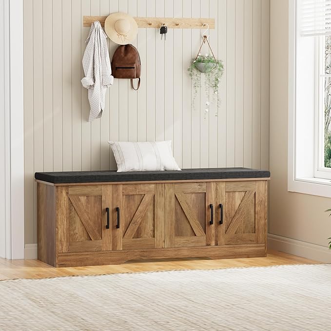 2-Tier Storage Bench, Shoe Bench with Padded Seat Cushion, Entryway Bench with 4 Barn Doors, Adjustable Shelf, 13.8" D x 47.2" W x 17.7" H, for Entryway, Living Room, Bedroom, Rustic Walnut-PurrikoPets