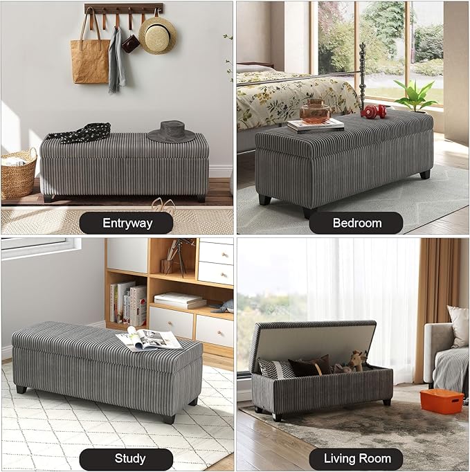 48" Ottoman with Storage, Corduroy Storage Ottoman Bench for Bedroom, End of Bed Bench with Safety Hinge for Living Room, Bedroom, Entryway, Grey-PurrikoPets