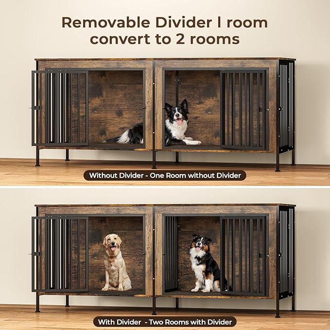 63 in Dog Crate Furniture for 2 Large/Medium Dogs with Removable Divider, Extra Large Double Doors Dog Kennel, XXL Thick Wooden Dog Cage Furniture,Sturdy and Durable, Brown-PurrikoPets