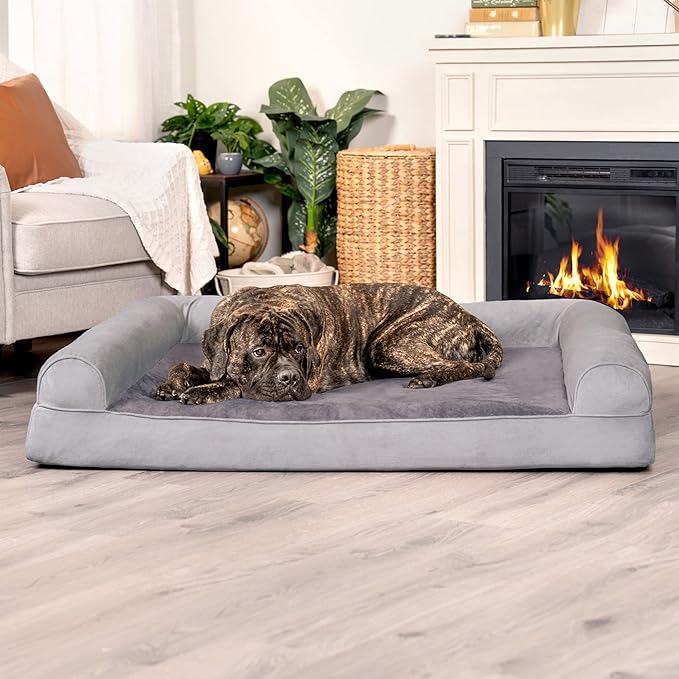 Furhaven Orthopedic Dog Bed for Large Dogs w/ Removable Bolsters & Washable Cover, For Dogs Up to 125 lbs - Faux Fur & Velvet Sofa - Smoke Gray, Jumbo Plus/XXL-PurrikoPets