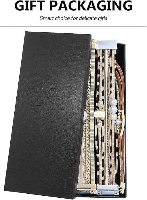 Wowanoo 3Pack Leather Cuff Bracelet Set Multilayer Wrap Bracelet Crystal Feather Tree Bracelet Magnetic Clasp Bracelet for Women