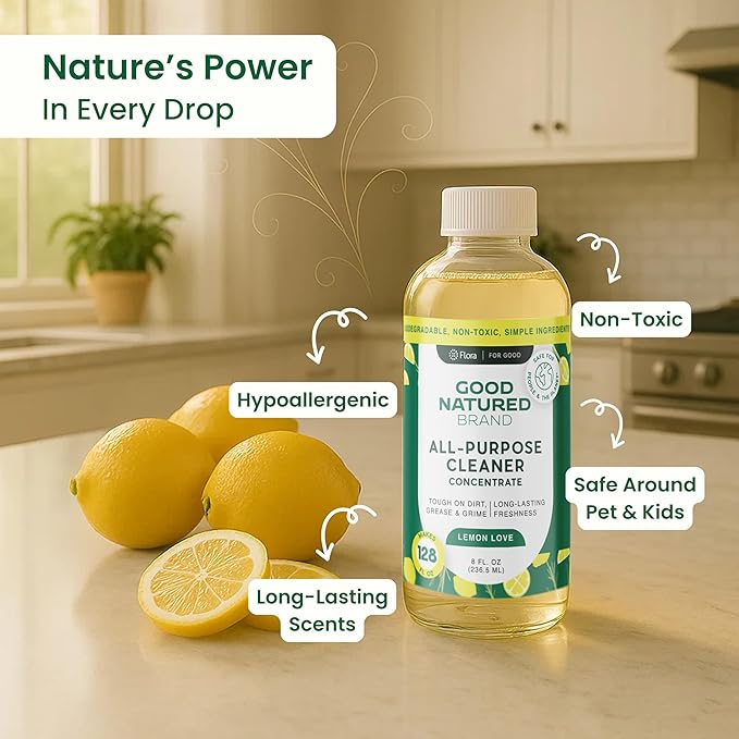 Good Natured Brand All-Purpose Cleaner Concentrate | Multi-Surface Cleaner | Natural Lemon Essential Oil | Multipurpose Cleaner Concentrate All Surfaces | Lemon Love | 8oz makes 128oz-PurrikoPets