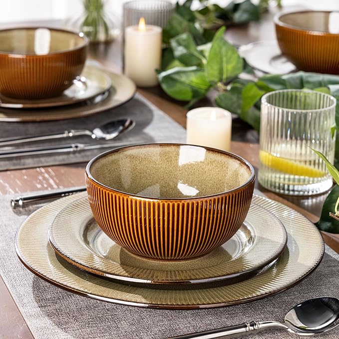 GBHOME Ceramic Dinnerware Sets,12 pcs Embossed Elegant Stoneware Plates and Bowls Sets, Housewarming Wedding Gift | Dishwasher & Microwave Safe | Dishes Set Service for 4-PurrikoPets