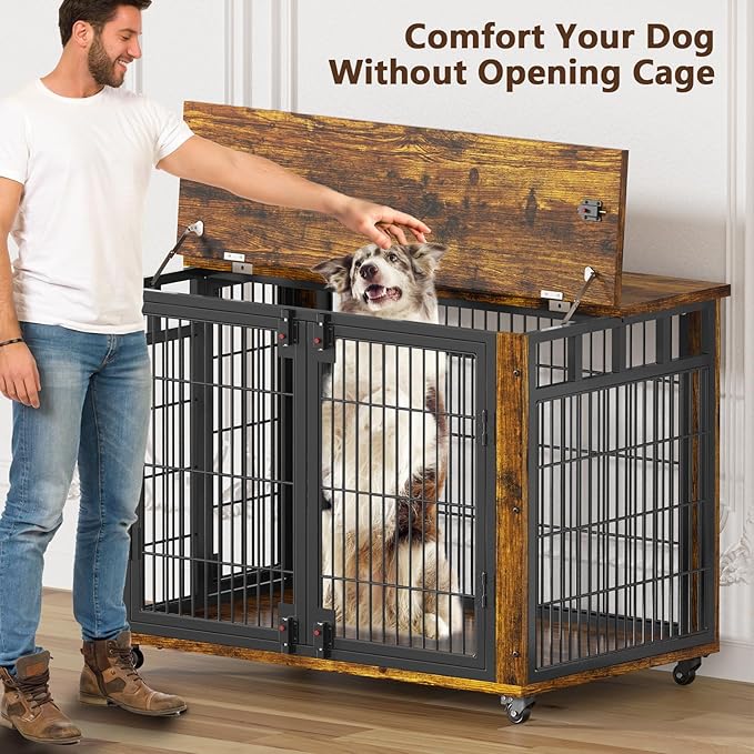 EasyCom 41" for Training Moveable XL Dog Crate, Large Dog Crate Furniture with Top-Access Teasing/Feeding Doors, Chew-Resistant Dog Kennel Indoor Furniture for Medium and Large Dogs-PurrikoPets