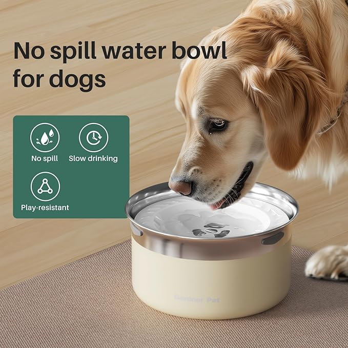 Gardner Pet Dog Bowls 1 Gallon (3.85L) Stainless Steel No Spill Water Bowl, Slow Water Feeder Metal Dog Bowls, Spill Proof Water Dispenser for Large Dogs, Promotes Healthy Hydration(White)-PurrikoPets