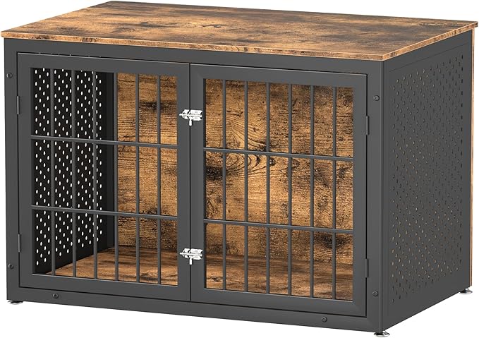 48" Rustic Heavy Duty Dog Crate Furniture for Extra Large Dogs, Metal Kennel for High Anxiety Dogs, Wooden Cage Furniture Indoor, Decorative Dog Kennel End Table, XL-PurrikoPets