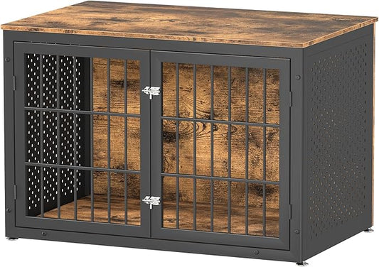 48" Rustic Heavy Duty Dog Crate Furniture for Extra Large Dogs, Metal Kennel for High Anxiety Dogs, Wooden Cage Furniture Indoor, Decorative Dog Kennel End Table, XL-PurrikoPets