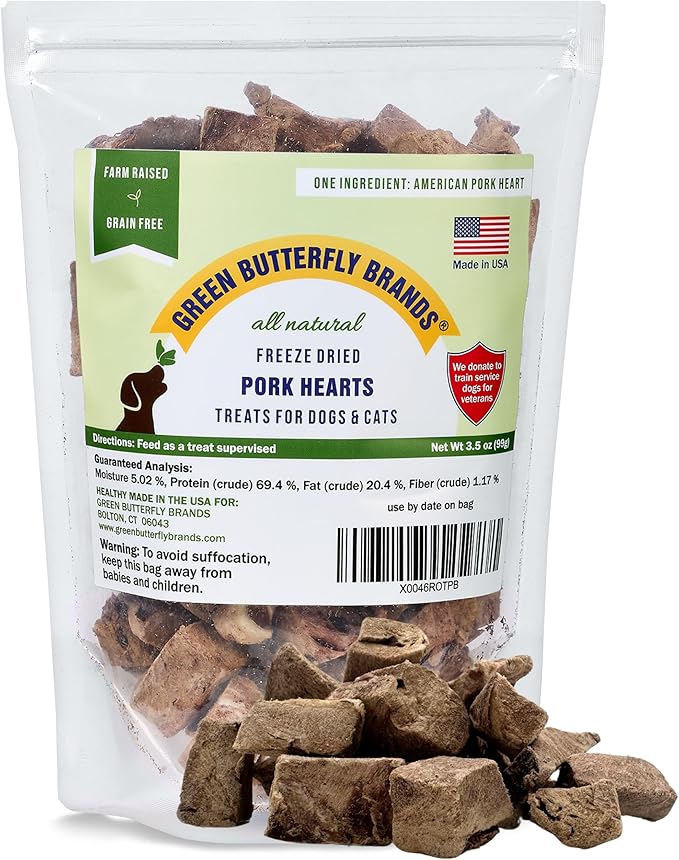 Freeze Dried Pork Heart Dog Treats Made in USA. All Natural Freeze-Dried Raw Snacks for Dogs and Cats. Single Ingredient. High Protein, Heart Health, Irresistible Training Treat-PurrikoPets