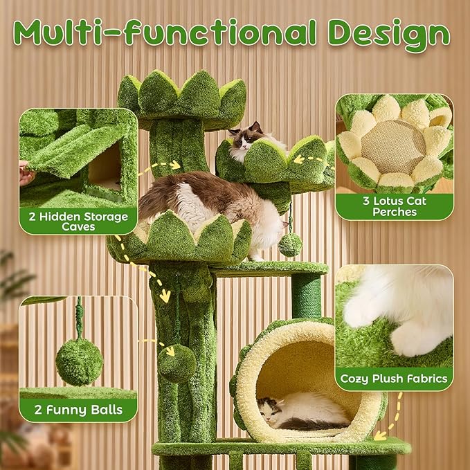 80.3'' Modern Cat Tree, Tall Cat Tower for Indoor Cats Adults, Luxury Climb Tower with Scratching Post, Heavy Duty Cat Condo with Ladder, Toys, Double Sided Mat, Lotus Perch for Multi-Cat Families-PurrikoPets