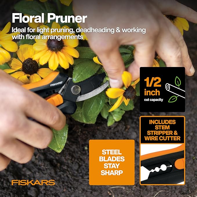 Fiskars Flower Gardening Tool Gift Set with Floral Pruner, Trowel, Cultivator, Garden Gloves, and Ultra-Light Kneeling Cushion for Outdoor Use (5 Piece Kit)-PurrikoPets