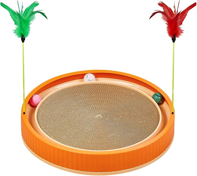 20-Inch Round Cat Scratcher with Ball Track – 3-in-1 Cardboard Cat Scratching Pad with Feather Toys, Non-Slip Base – Interactive Cat Toy for Indoor Cats, Kitten Scratch Play Lounge Board (Orange)-PurrikoPets