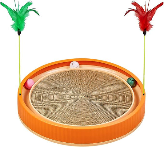 20-Inch Round Cat Scratcher with Ball Track – 3-in-1 Cardboard Cat Scratching Pad with Feather Toys, Non-Slip Base – Interactive Cat Toy for Indoor Cats, Kitten Scratch Play Lounge Board (Orange)-PurrikoPets