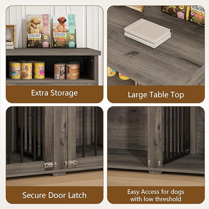 Furniture Dog Crate for 2 Dogs, 41 Inch Dog Kennel Furniture with Removable Divider and Shelf Storage, Wooden Dog Crate for Small/Medium Dogs, Grey-PurrikoPets