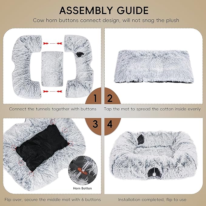 Extra Large Cat Tunnel Bed, 4 Ways Tunnels for Indoor Cats, Multi-cat Family Peekaboo Cave & Cat Bed, Plush Cat Donut with Washable Middle Mat, Exit Balls, Pet Play Toy for Kitten Puppy Rabbit-PurrikoPets