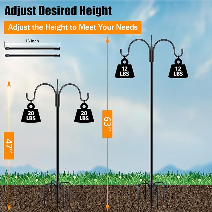 FEED GARDEN Adjustable Double Shepherds Hook for Outdoor with 5 Prong Base 63 Inch Heavy Duty Two Sided Bird Feeder Pole for Hanging Plant Baskets, Solar Light Lanterns, Wind Chimes 2 Pack-PurrikoPets