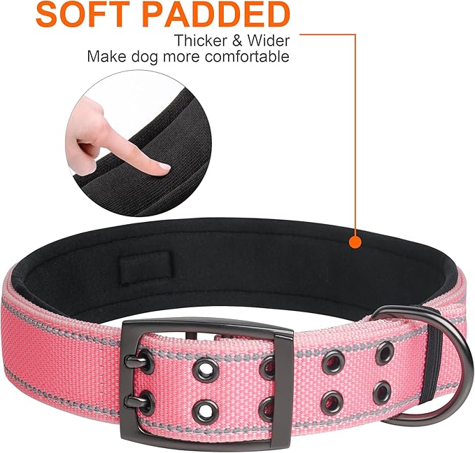 Fida Heavy Duty Dog Collar 1.5” Width, Ultra Soft Neoprene Padded, Adjustable Reflective Nylon Pet Collar with Two Metal Pin Belt Buckle for Large/X-Large Breeds (XL, Pink)-PurrikoPets