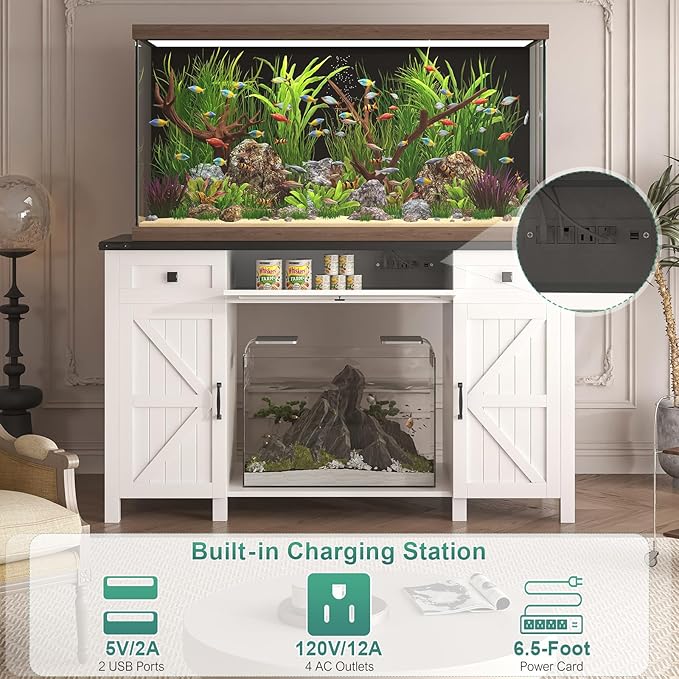 55-75 Gallon Aquarium Stand With Charging Station, Farmhouse Fish Tank Stand, Reptile Tank Stand Terrarium Stand with Drawer and Cabinet Storage, Sturdy Heavy Duty 53.5"×19.7" Tabletop - White-PurrikoPets