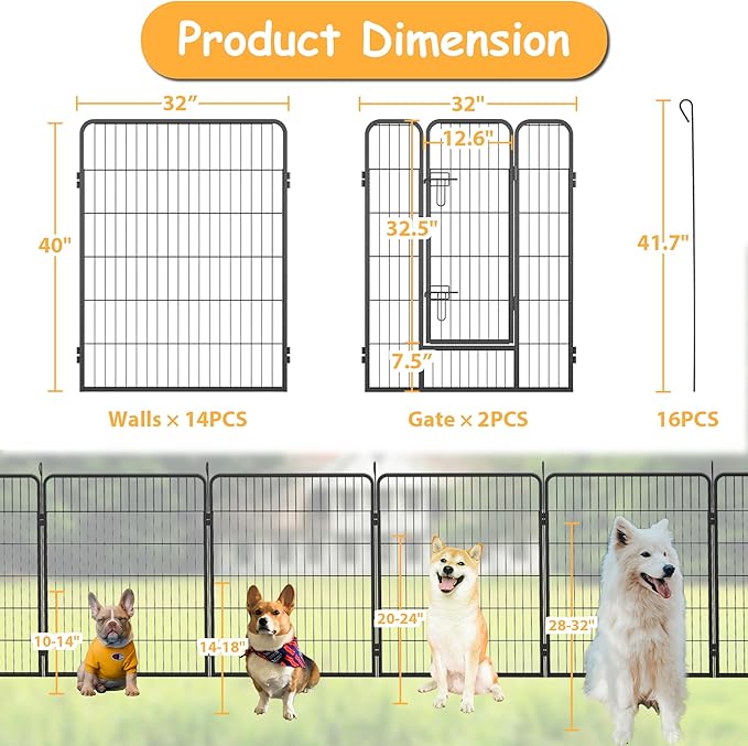 Dog Playpen, Outdoor Dog Fence, 16 Panels, 40" H Dog Pen for Medium/Small Dogs, Heavy Duty Metal Pet Fence with Gate, Portable Dog Fence for RV Camping and Yard (Black)-PurrikoPets